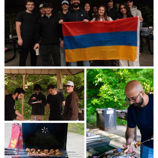 Members holding the Armenian flag and grilling skewers at the spring xorovats